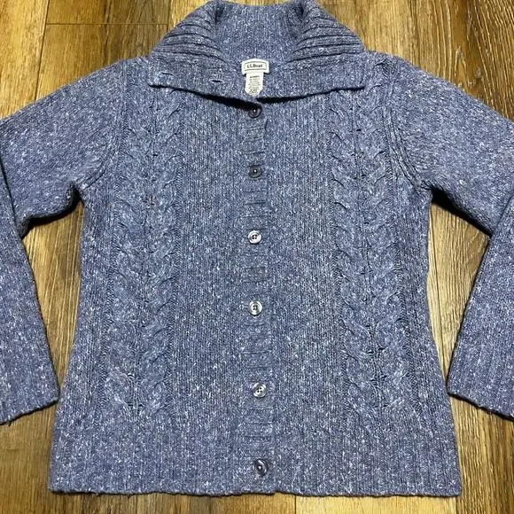 LL Bean Wool Cable Knit Cardigan Sweater Womens M Blue Fisherman Preppy Cottage - Picture 3 of 7